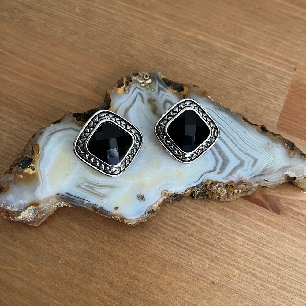 Vintage Style Black Faceted Square Earrings with Silver-Tone Frame Clip-ons